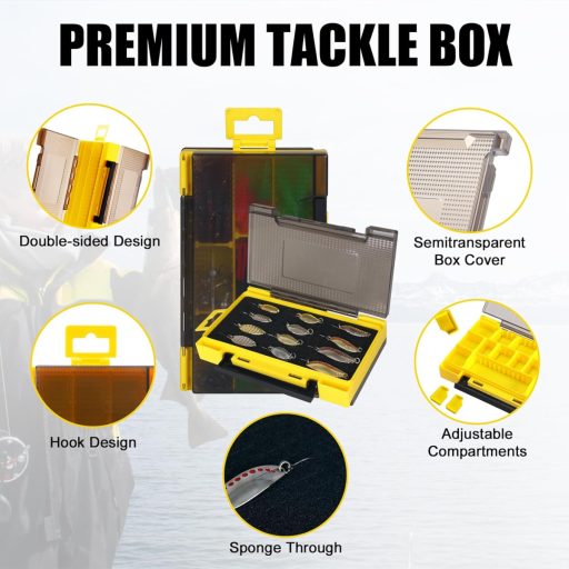 Leeko set za ribolov od 96 dijelova s umjetnim mamcima, spinnerima i setom udica u prozirnoj kutiji.