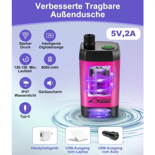 WADEO Hordozható Campingzuhany Akkumulátorral és Pumpával, 6000-8000mAh Töltödhető Akkus Kültéri Zuhany