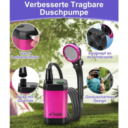 WADEO Hordozható Campingzuhany Akkumulátorral és Pumpával, 6000-8000mAh Töltödhető Akkus Kültéri Zuhany