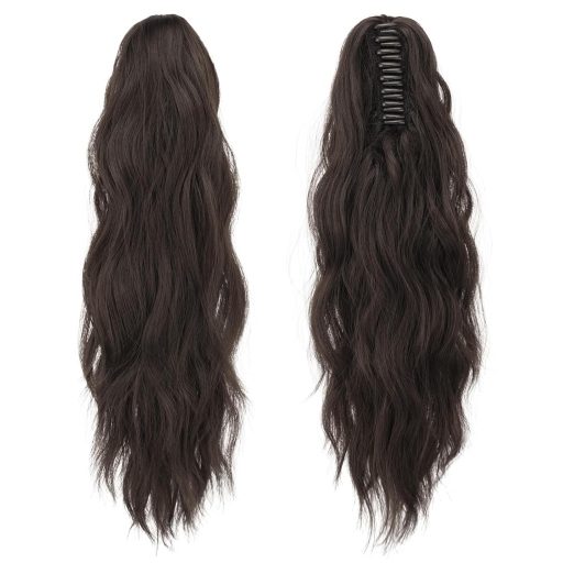 FESHFEN Vlnitý konský chvost – predĺženie vlasov 50 cm – príčesok s klipsňou, tmavohnedý, žiaruvzdorný syntetický cop pre ženy