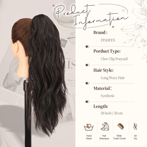 FESHFEN Vlnitý konský chvost – predĺženie vlasov 50 cm – príčesok s klipsňou, tmavohnedý, žiaruvzdorný syntetický cop pre ženy