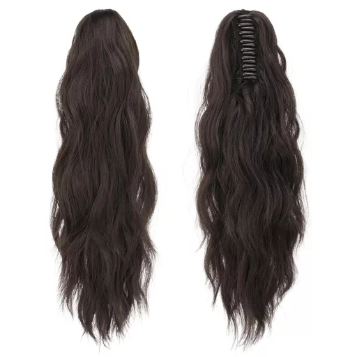 FESHFEN Extensie de păr coadă de cal ondulată 50 cm - Păr sintetic cu clips, maro închis, rezistent la căldură, împletitură pentru femei