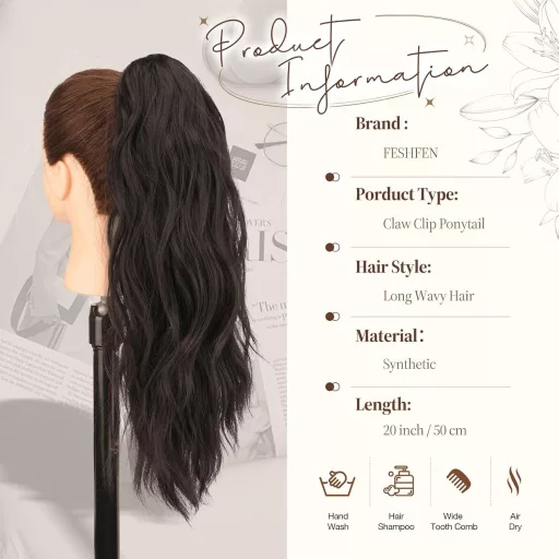 FESHFEN Extensie de păr coadă de cal ondulată 50 cm - Păr sintetic cu clips, maro închis, rezistent la căldură, împletitură pentru femei
