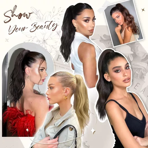 FESHFEN Extensie de păr coadă de cal ondulată 50 cm - Păr sintetic cu clips, maro închis, rezistent la căldură, împletitură pentru femei