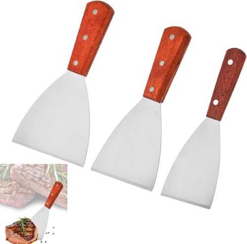 Helweet 3 részes Teppanyaki Spatula Készlet - Rozsdamentes Acél Grillező Lapát Fa Nyéllel Sütéshez, BBQ-hoz, Pizzához, Steakhez