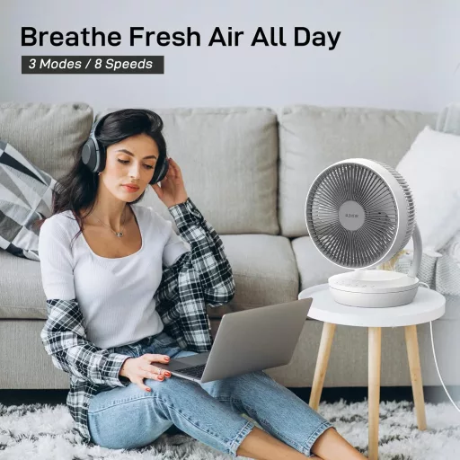 4UMOR Csendes Asztali Ventilátor 20dB, 8 Sebességgel, Időzítővel és Légkeringető Funkcióval