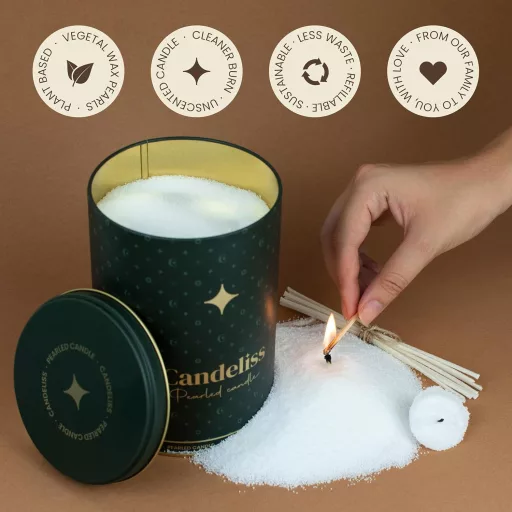 CANDELISS Gyertya Homok Kanóc Szett Fém Dobozban Gyöngy Viasz Granulátum