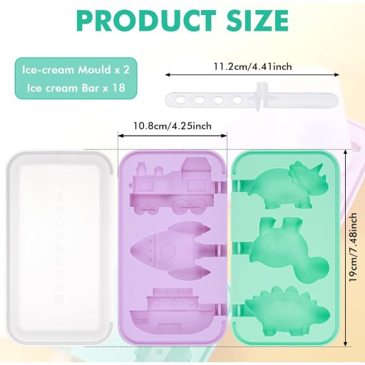 Set de 2 forme Hejo din silicon pentru înghețată, cu modele dinozaur și vehicule, 18 bețișoare, fără BPA