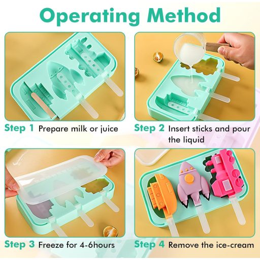 Set de 2 forme Hejo din silicon pentru înghețată, cu modele dinozaur și vehicule, 18 bețișoare, fără BPA