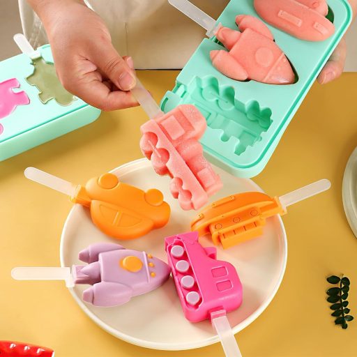 Hejo 2 darabos szilikon jégkrém készítő forma szett, dinoszaurusz és járművek mintával, 18 pálcikával, BPA-mentes