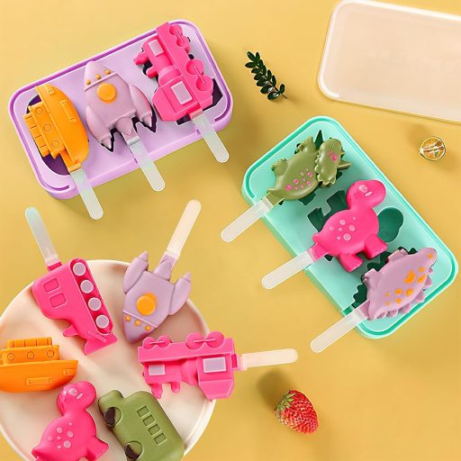 Hejo 2 darabos szilikon jégkrém készítő forma szett, dinoszaurusz és járművek mintával, 18 pálcikával, BPA-mentes