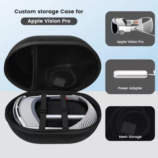 FDOUIGE Tvrdé puzdro pre Apple Vision Pro VR okuliare - Vodotesné, nárazuvzdorné ochranné puzdro na príslušenstvo, s ručnou rukoväťou, čierne