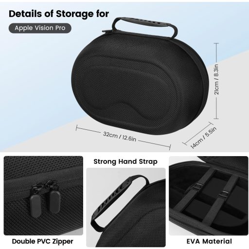 FDOUIGE Tvrdé puzdro pre Apple Vision Pro VR okuliare - Vodotesné, nárazuvzdorné ochranné puzdro na príslušenstvo, s ručnou rukoväťou, čierne