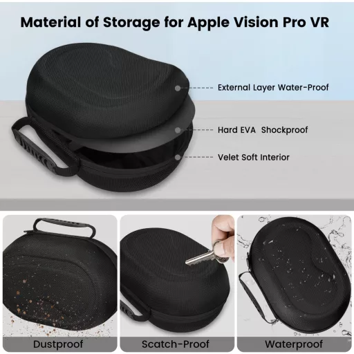 FDOUIGE Tvrdé puzdro pre Apple Vision Pro VR okuliare - Vodotesné, nárazuvzdorné ochranné puzdro na príslušenstvo, s ručnou rukoväťou, čierne