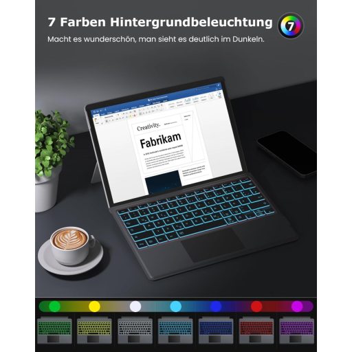 MoKo Njemačka Bluetooth Tipkovnica za Microsoft Surface Pro 7/6/5/4/3 Uređaje - QWERTZ Raspored, Touchpad, 7 Boja Pozadinskog Osvjetljenja, Punjiva