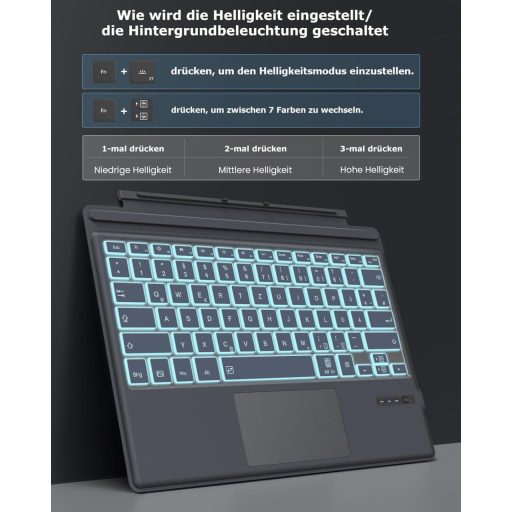 Tastatură Bluetooth Germană MoKo pentru Microsoft Surface Pro 7/6/5/4/3 - Layout QWERTZ, Touchpad, Iluminare de Fundal în 7 Culori, Reîncărcabilă