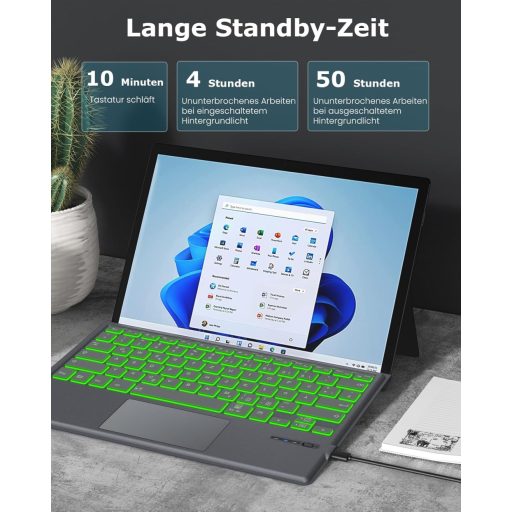 Tastatură Bluetooth Germană MoKo pentru Microsoft Surface Pro 7/6/5/4/3 - Layout QWERTZ, Touchpad, Iluminare de Fundal în 7 Culori, Reîncărcabilă