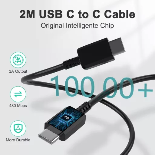 Încărcător Rapid USB-C cshare 25W cu Cablu 2m - Încărcător de Perete Compatibil cu Samsung Galaxy S24/S23/S22/S21/S20/A25/A15 - Tehnologie PD 3.0 și PPS