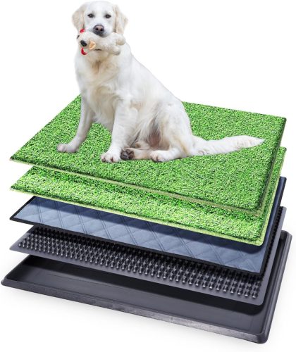 Toaletă câine cu tavă - Scutec lavabil și 2 straturi de gazon artificial - Toaletă de interior pentru câini, pentru balcon, pentru căței și câini vârstnici, 76x51 cm