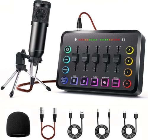 LILUOSUO Keverőpult Podcast Felszerelés USB-C Mikrofonnal - Videó Készítéshez, Élő Közvetítéshez, Játékokhoz - PC, Tablet, Okostelefon Kompa