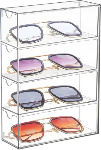 Cutie acrilică pentru ochelari IWTTWY cu 4 sertare - Organizator transparent pentru ochelari de soare, ochelari de citit, bijuterii și ceasuri - Protecție împotriva prafului