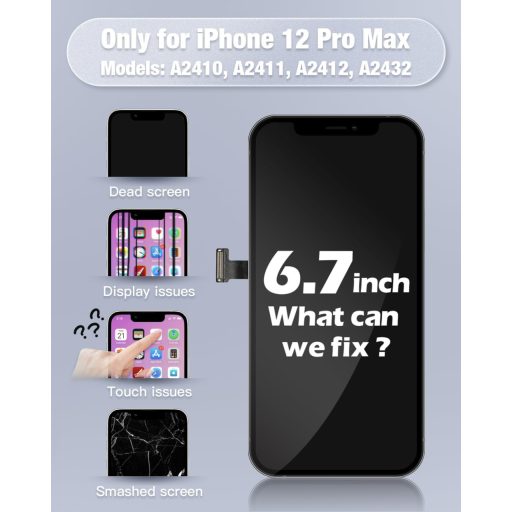 GULEEK Înlocuire ecran LCD pentru iPhone 12 Pro Max, 6.5 inch, negru, touchscreen pre-asamblat cu sticlă și instrumente
