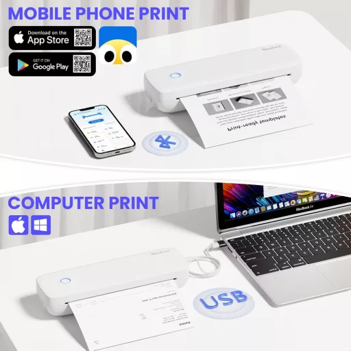 Imprimantă termică mobilă A4 Bisofice - 300 dpi, portabilă, pentru smartphone, cu suport pentru hârtie termică de 2/3/4 inch și A4, compatibilă Android/iOS/Win/Mac