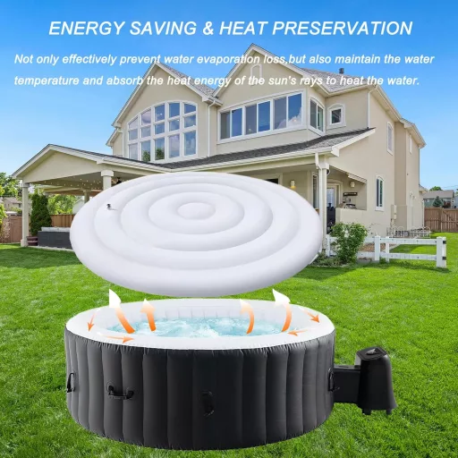 HENYEER Felfújható Medence Takaró 145cm, Univerzális Kerek Medencetakaró PVC Anyagból, Energiatakarékos Hőszigetelő Fedél