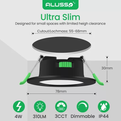 ALUSSO LED Süllyesztett Spotlámpa Szett 6db - Fekete, Lapos, IP44, Fényerőszabályozható, 230V, 4W, 3 Színhőmérséklet, Fürdőszobai