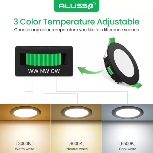 ALUSSO LED Süllyesztett Spotlámpa Szett 6db - Fekete, Lapos, IP44, Fényerőszabályozható, 230V, 4W, 3 Színhőmérséklet, Fürdőszobai