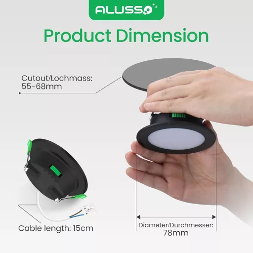 ALUSSO LED Süllyesztett Spotlámpa Szett 6db - Fekete, Lapos, IP44, Fényerőszabályozható, 230V, 4W, 3 Színhőmérséklet, Fürdőszobai