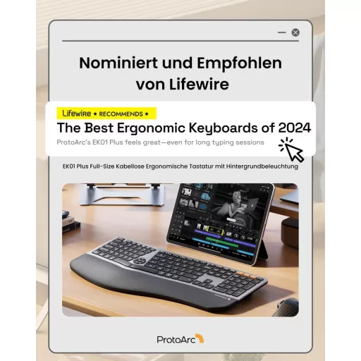 ProtoArc EK01 Plus Ergonomska bežična tipkovnica s pozadinskim osvjetljenjem i osloncem za zglob.