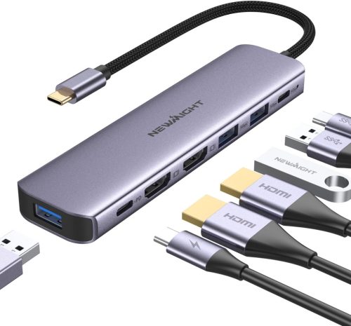 Newmight 7 az 1-ben USB-C Dokkoló Állomás Kettős Monitor Támogatással - 2 HDMI, 3 USB 3.0, 100W PD - Dell, HP, iPhone 15 Kompatibilis