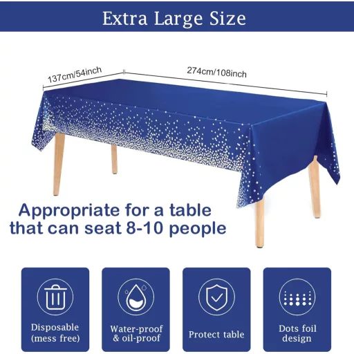 MORAINJAY 4 db Sötétkék-Arany Asztalterítő Szett 137x274 cm - Vízálló, Foltálló PEVA Terítő Születésnapra, Esküvőre, Karácsonyra