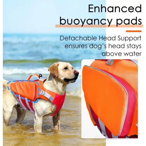 ThinkPet Vestă de salvare pentru câini - Mărime medie, portocaliu-neon, ajustabilă, reflectorizantă, vestă de salvare cu flotabilitate ridicată M