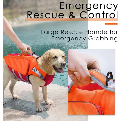 ThinkPet Vestă de salvare pentru câini - Mărime medie, portocaliu-neon, ajustabilă, reflectorizantă, vestă de salvare cu flotabilitate ridicată M