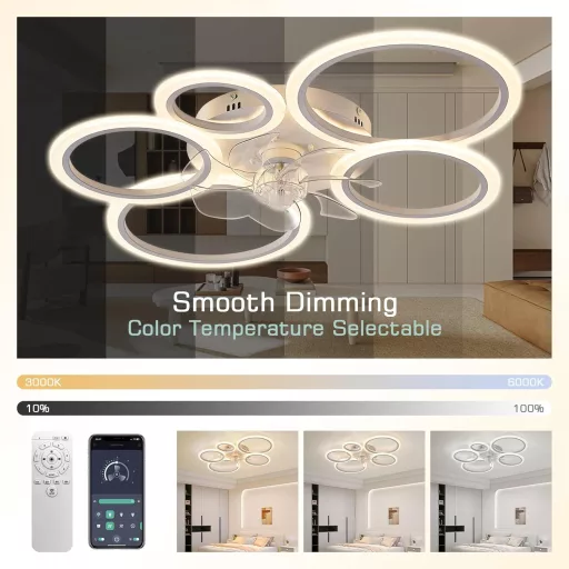 Lampă de plafon LED cu ventilator KSIBNW - 70W, reglabilă, albă, cu telecomandă și aplicație, ventilator modern cu 6 viteze N