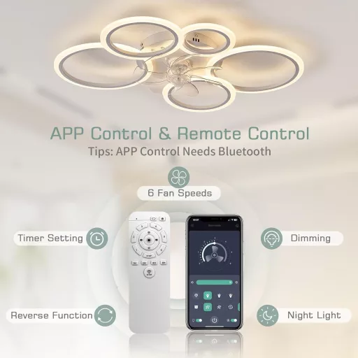 Lampă de plafon LED cu ventilator KSIBNW - 70W, reglabilă, albă, cu telecomandă și aplicație, ventilator modern cu 6 viteze N