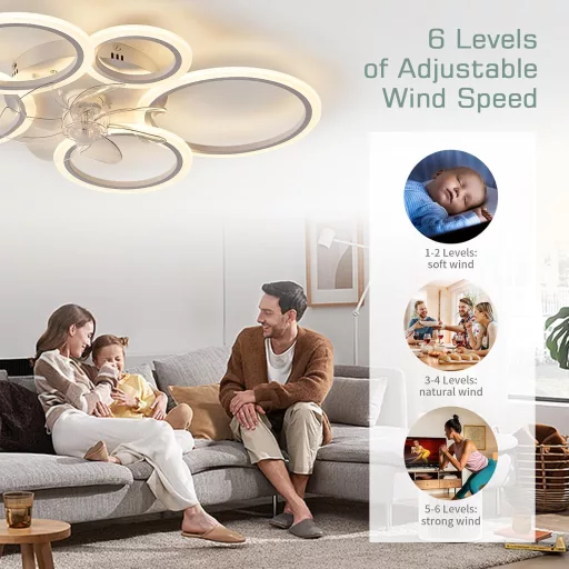 Lampă de plafon LED cu ventilator KSIBNW - 70W, reglabilă, albă, cu telecomandă și aplicație, ventilator modern cu 6 viteze N