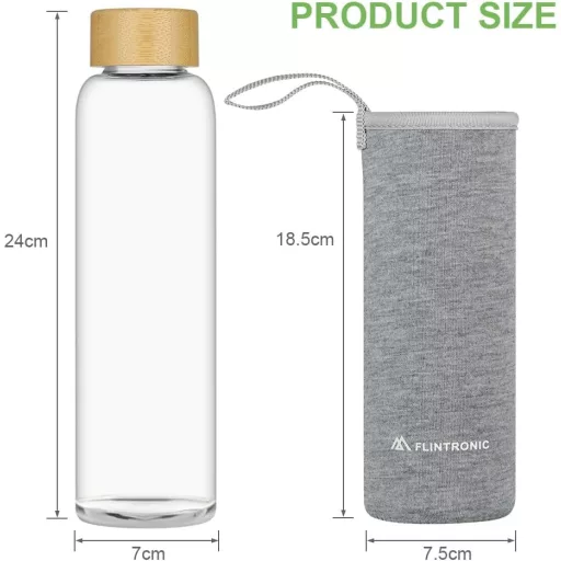 flintronic Üveg Kulacs 550ml - Szivárgásmentes Boroszilikát Ivópalack Védőborítással, Szénsavas Italokhoz, BPA-mentes, Könnyű Hordozható Pal