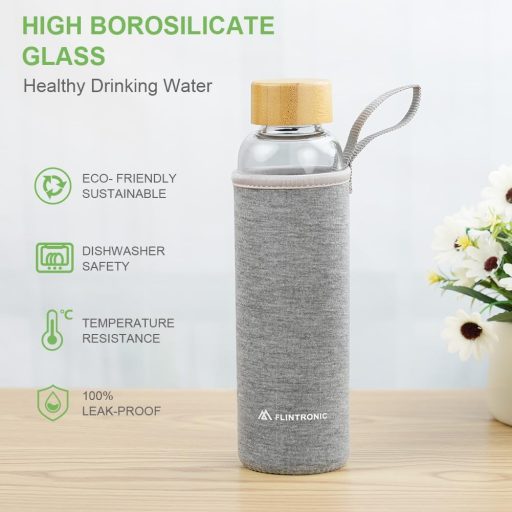 flintronic Sticlă 550ml - Sticlă de băut din borosilicat etanșă, cu husă de protecție, pentru băuturi carbogazoase, fără BPA, sticlă ușoară portabilă