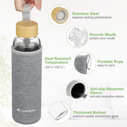 flintronic Sticlă 550ml - Sticlă de băut din borosilicat etanșă, cu husă de protecție, pentru băuturi carbogazoase, fără BPA, sticlă ușoară portabilă