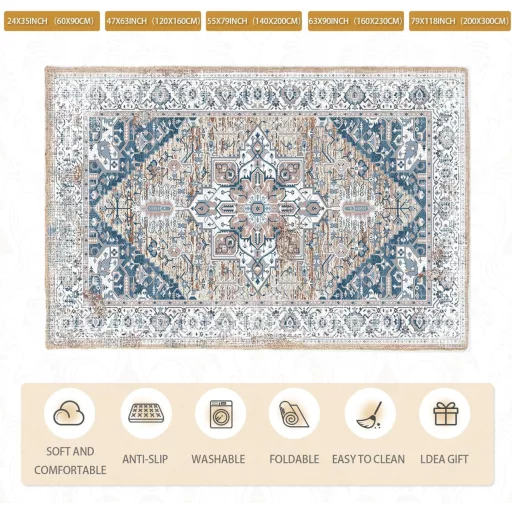 Lrrtso Mosható Szőnyeg Modern Boho Mintás Vintage Kék 160x230cm Kültéri Beltéri