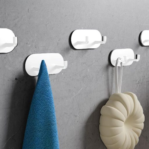 Set HouseUp suport autoadeziv pentru prosoape, 5 cârlige albe, cârlig de perete inoxidabil, pentru baie