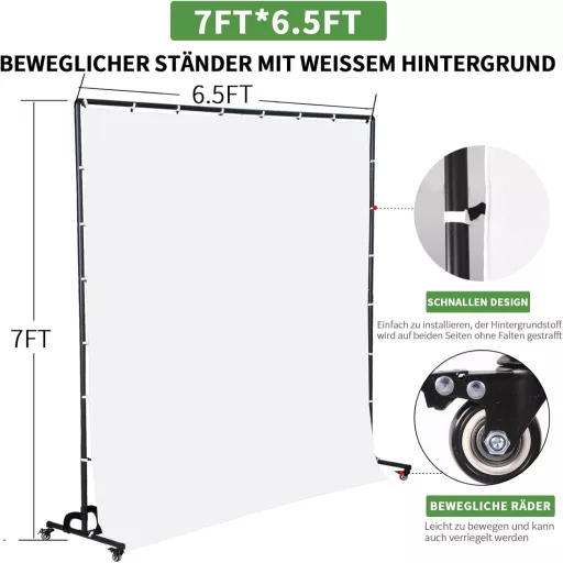 FEIFANTEAM 7x6,5 ft pomični bijeli stalak za foto pozadinu s kotačima za studijsko fotografiranje