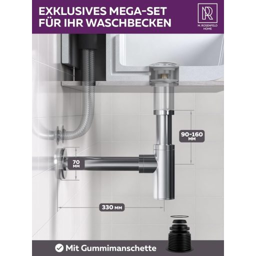 Sifon de scurgere din inox M. ROSENFELD HOME, înălțime 60-140 mm, țeavă de 330 mm, 1 1/4" pentru lavoar baie.