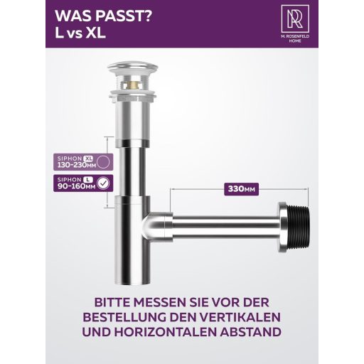 M. ROSENFELD HOME rozsdamentes szifoncsatorna 60-140 mm magasság, 330 mm cső, 1 1/4" fürdőszobai mosdóhoz