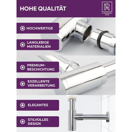 Sifon de scurgere din inox M. ROSENFELD HOME, înălțime 60-140 mm, țeavă de 330 mm, 1 1/4" pentru lavoar baie.