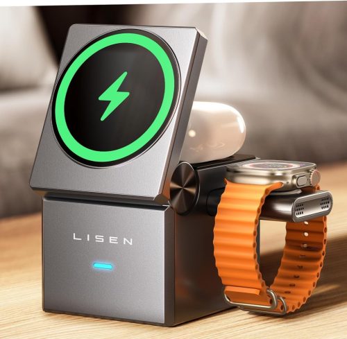 LISEN 3 az 1-ben MagSafe Vezeték Nélküli Töltőállomás iPhone 15/Pro/Max Készülékekhez, Apple Watch és AirPods Kompatibilis, 20W Adapterrel