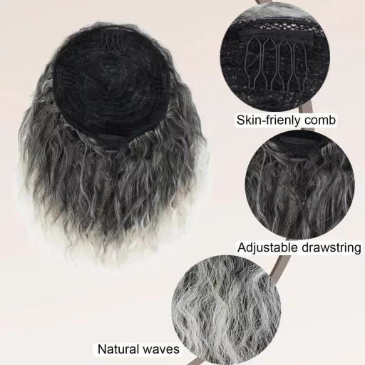 PORSMEER Kovrčavi Ombre Sivi Konjski Rep Sintetička Kosa za Afro Žene Vezica